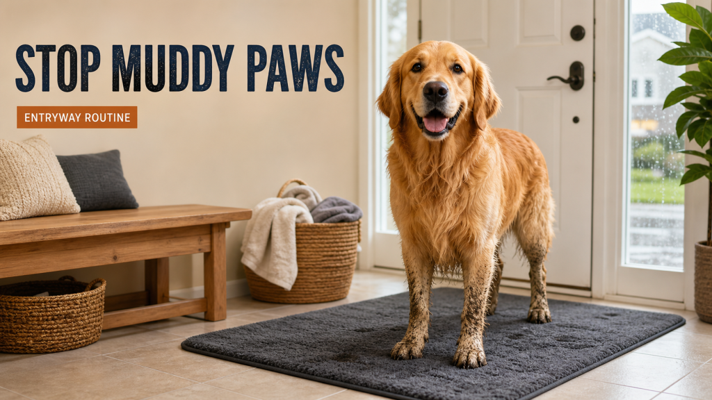 Golden retriever waiting on an absorbent mat at a bright American home entryway after a rainy walk.