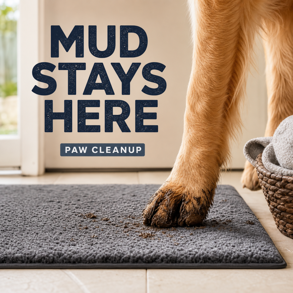 Muddy dog paw on a washable entryway mat beside a labeled towel basket.