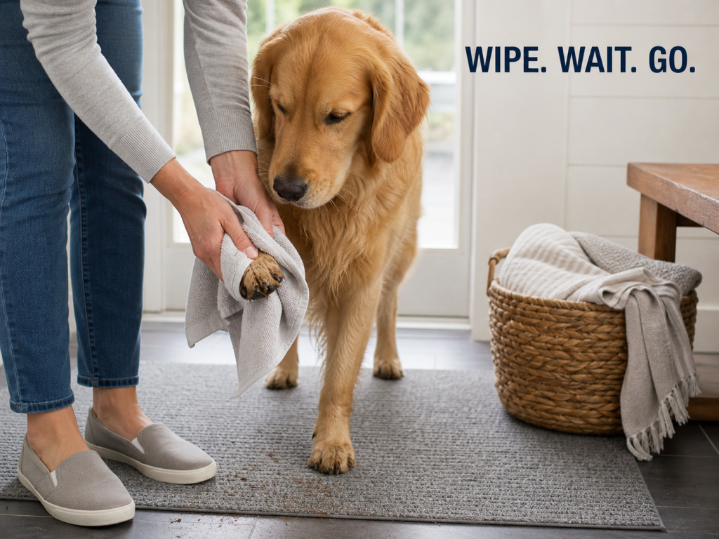 Dog owner wiping a golden retriever's paw with a towel beside an entryway mat and supply basket.