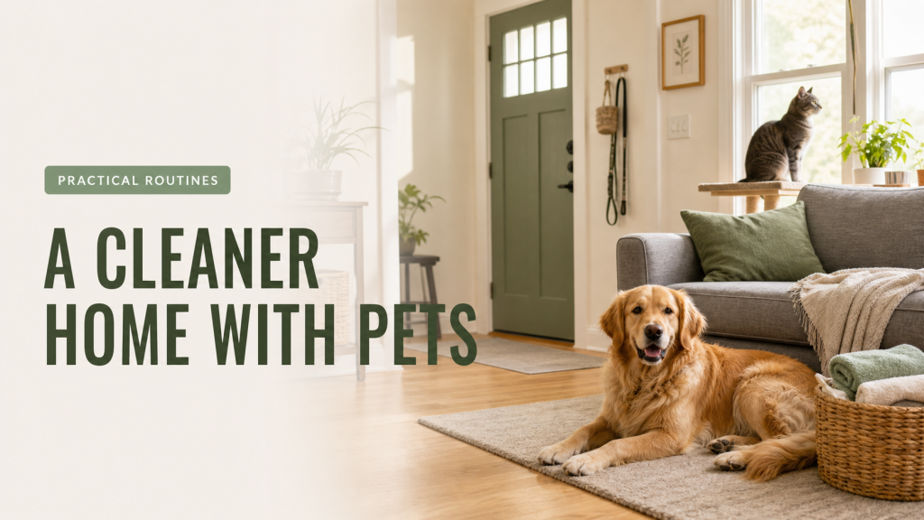 A golden retriever and tabby cat resting in a bright, tidy living room.