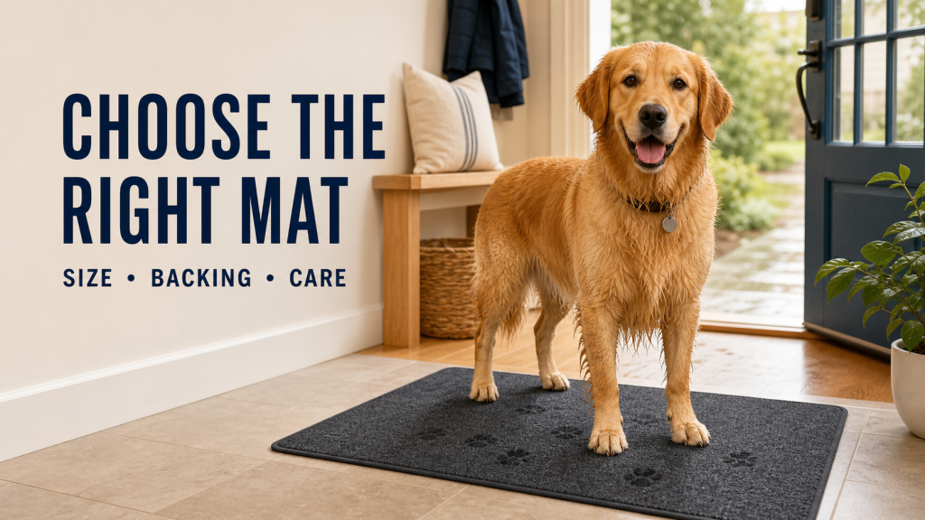 Golden retriever standing on a low-profile charcoal washable doormat in a bright home entryway.
