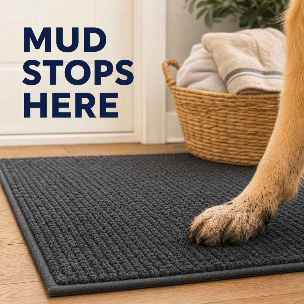 Muddy golden retriever paw resting on a textured charcoal doormat beside a towel basket.