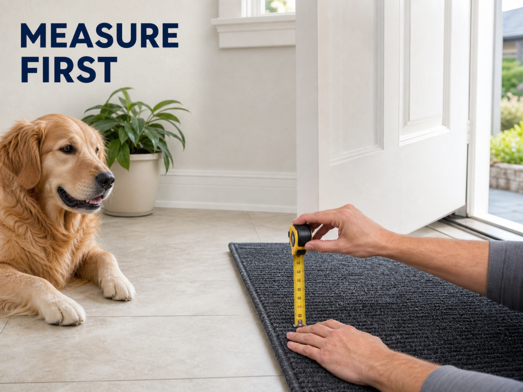 Homeowner measuring clearance between an open front door and a low-profile gray dog doormat.